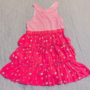 Girl’s pink dress with ruffled skirt and fruit prints.  Size 5T
